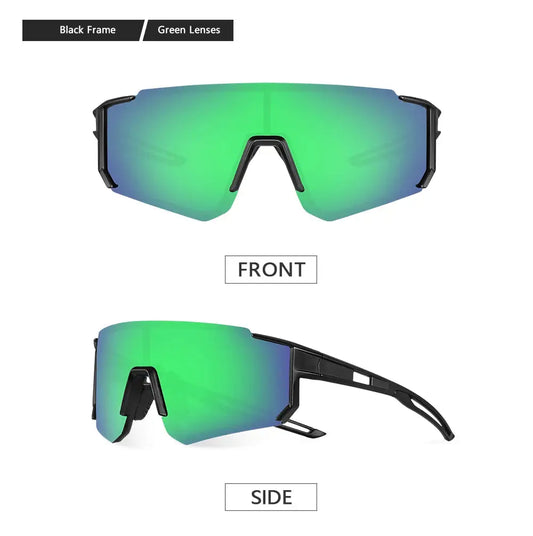 UV400 sunglasses with black frame and green lenses shown from front and side views on a white background.