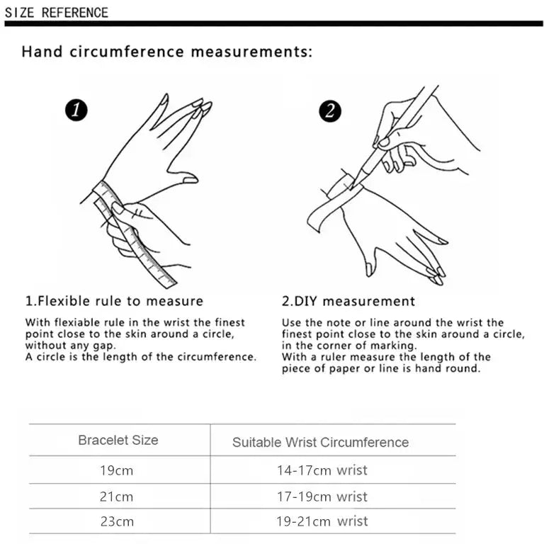 Bracelet size guide showing how to measure wrist circumference and match it with suitable bracelet sizes from 19cm to 23cm.