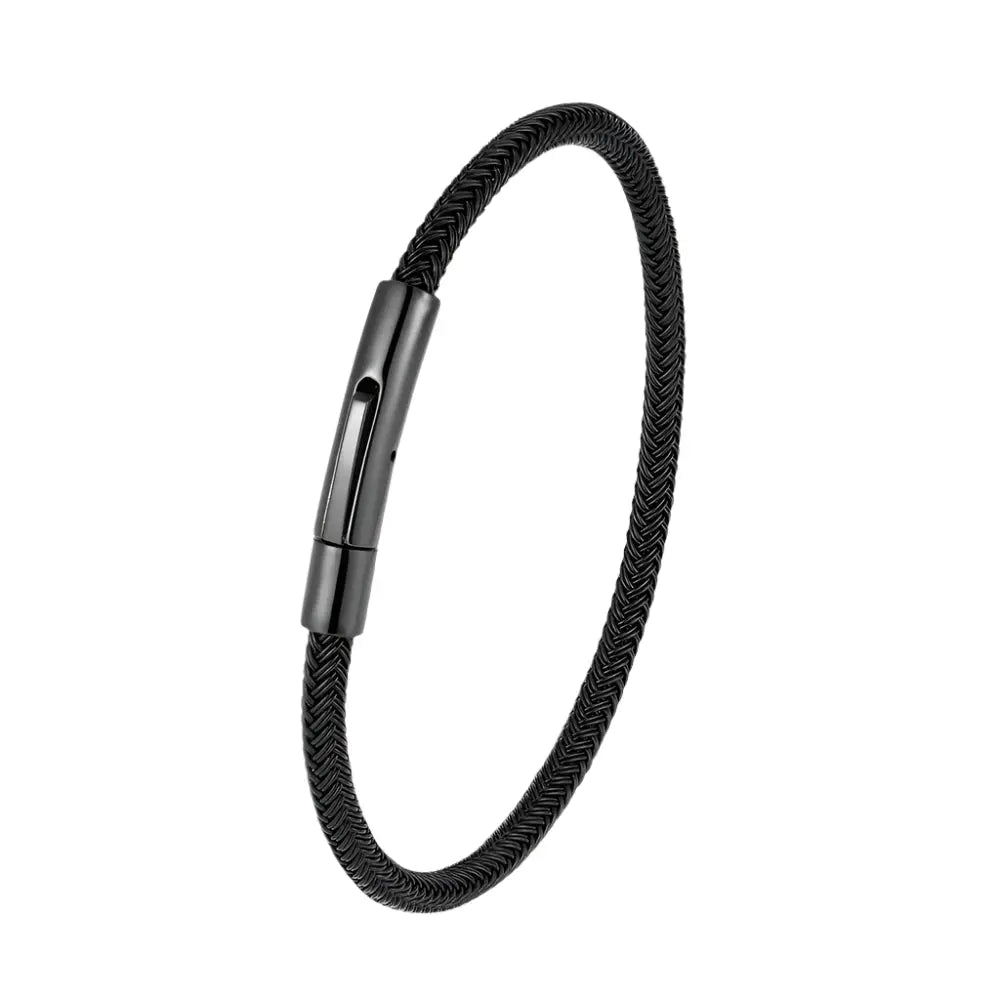 black wire rope bracelet for man buckle bracelet featuring a matte black clasp, isolated on white background for e-commerce display.