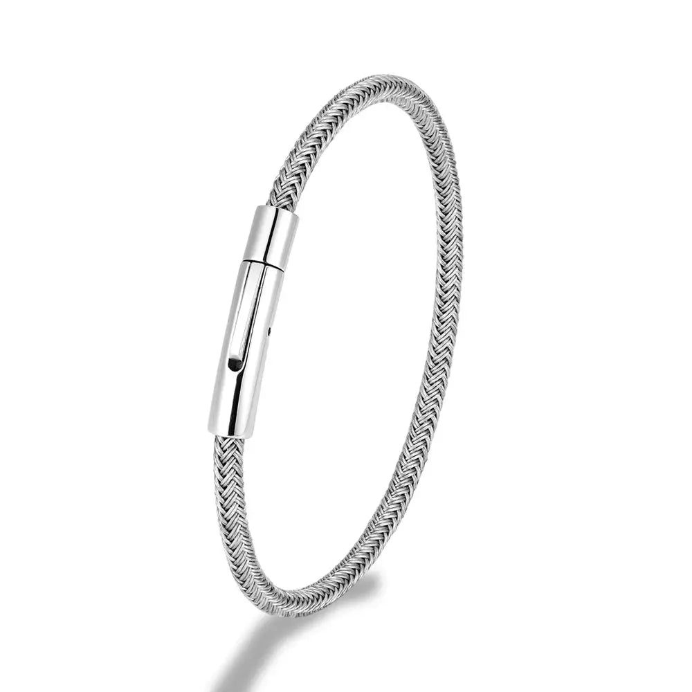 minimalist silver wire rope bracelet For man buckle bracelet with polished clasp, shown on white background for product clarity.