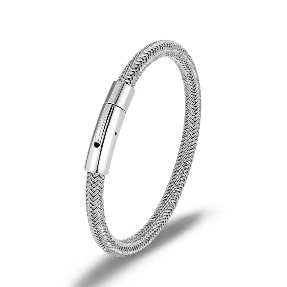 close-up of silver wire rope bracelet for man buckle bracelet with fine braided texture and secure clasp, ideal for modern style.
