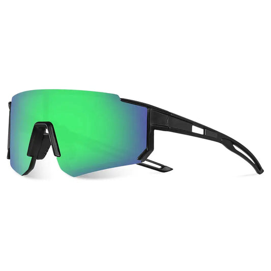 UV400 sunglasses with green reflective lenses and black frame on a white background